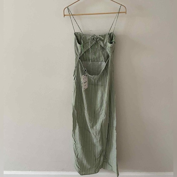 NWT ZARA Linen Blend Midi Corset Dress Green/White Striped M - Picture 2 of 11